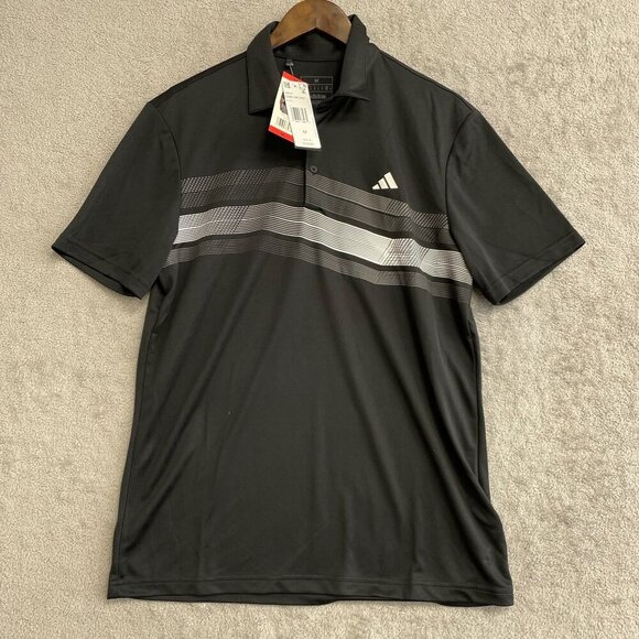 NEW Adidas Golf Polo Men's M Black & Gray Stripe Polyester Shirt - Picture 2 of 8